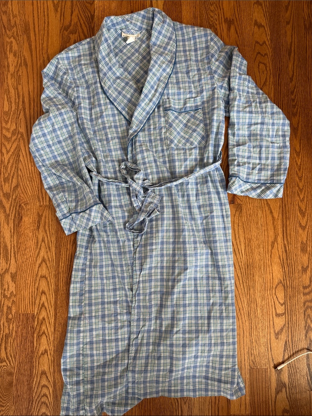 Men’s Vermont Country Store Light Blue Plaid Wrap Robe with Belt XL